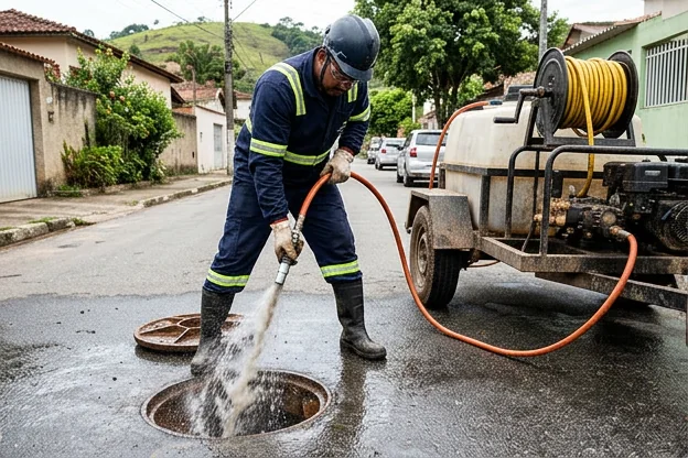 Equipamento de hidrojateamento na prática, desentupindo tubulação.