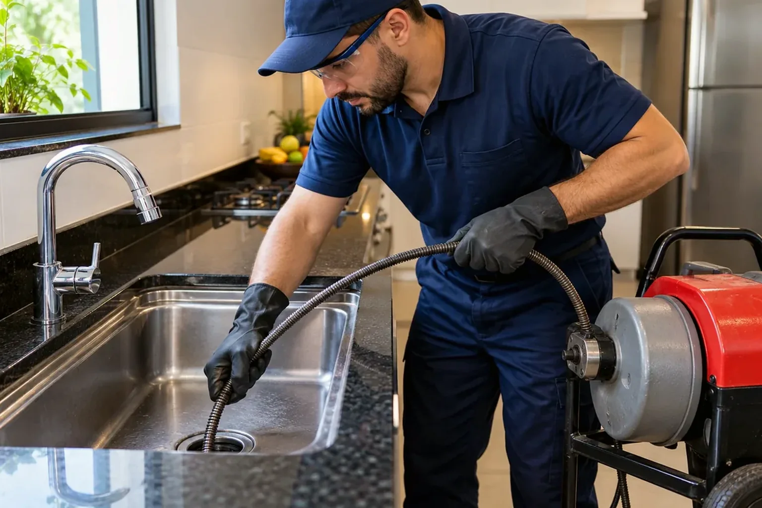 Profissional atuando em um desentupimento de pia, com ferramentas na mão.