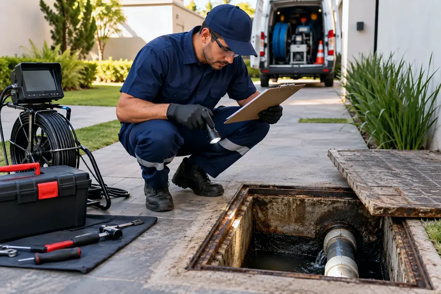 Profissional conduzindo manutenção preventiva em rede de esgoto, utilizando ferramentas.