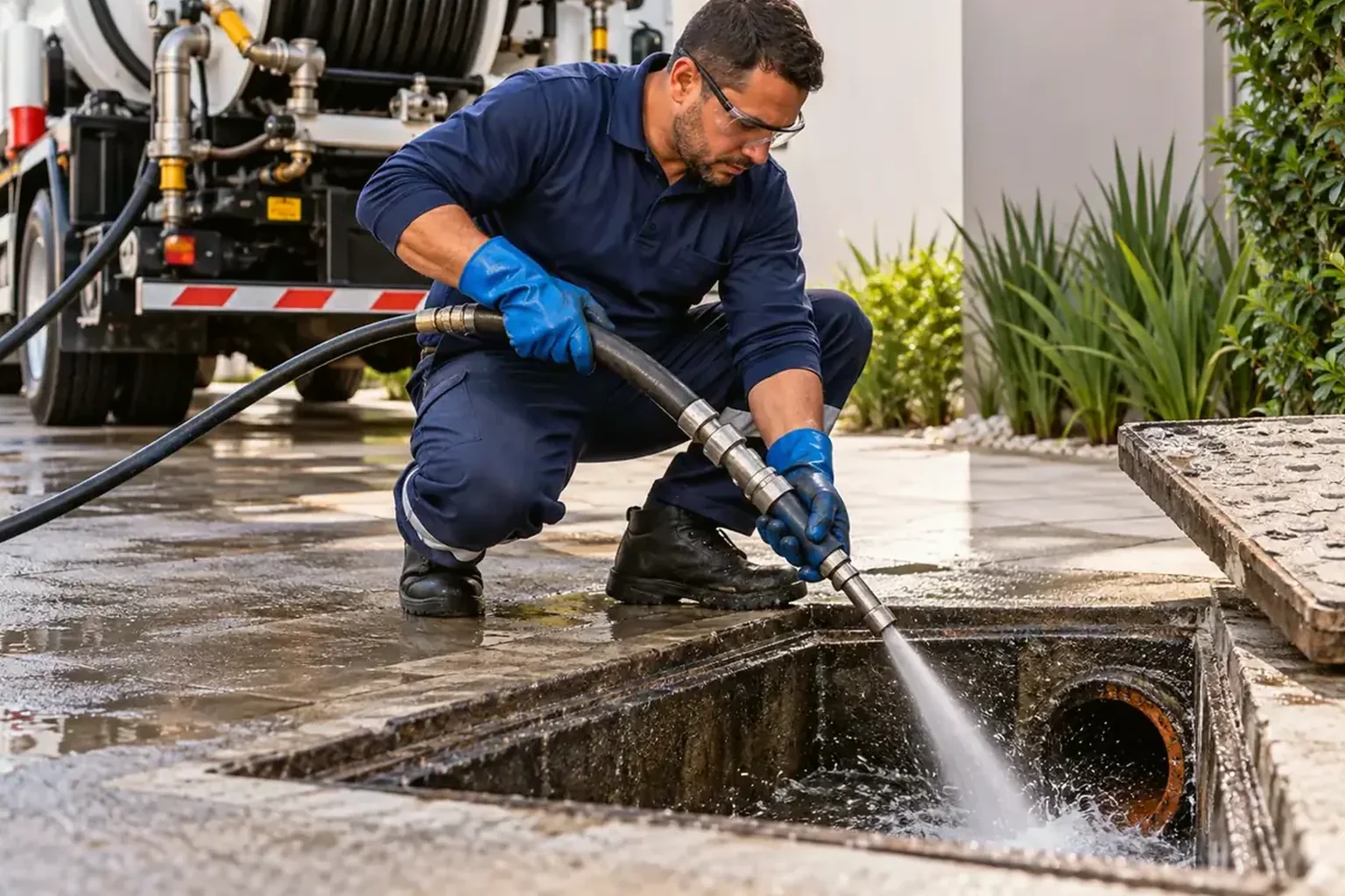 Profissional operando hidrojateamento para desentupir tubulação.