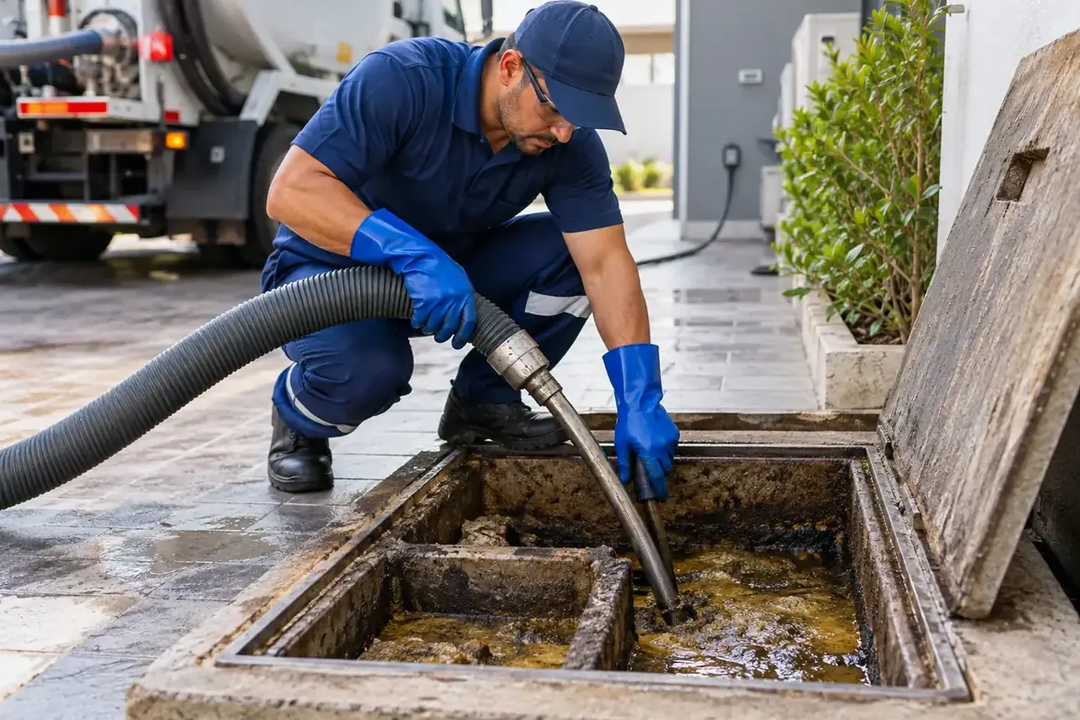 Profissional realizando a limpeza de caixa de gordura, com ferramentas em utilização.
