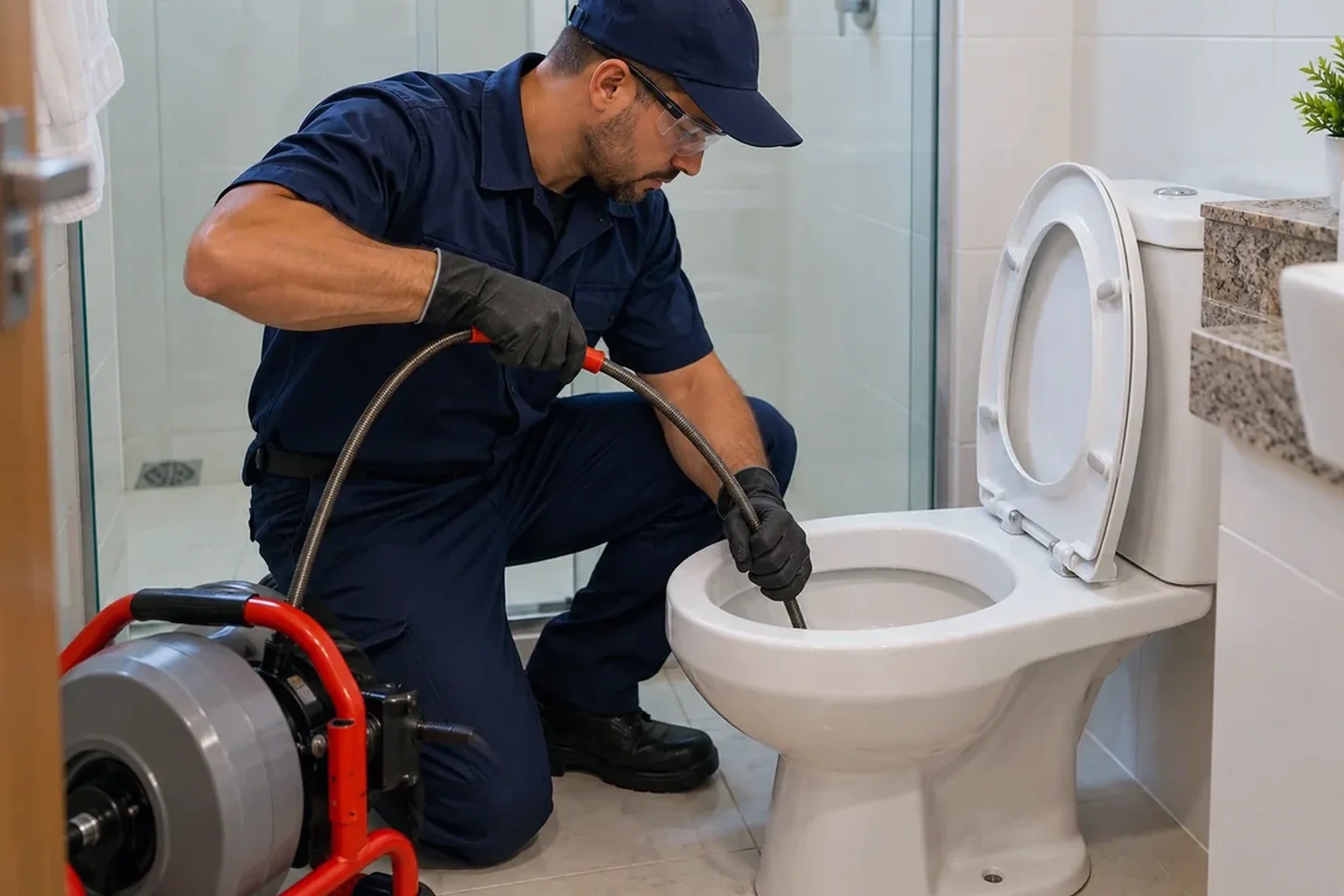 Profissional realizando desentupimento de vaso sanitário, utilizando equipamentos específicos.