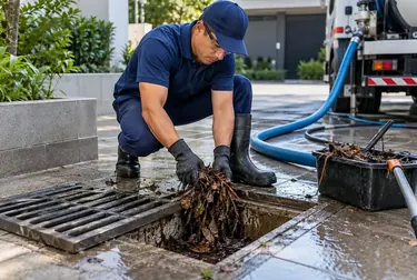 Técnico atuando no desentupimento de rede pluvial, com foco na ação.