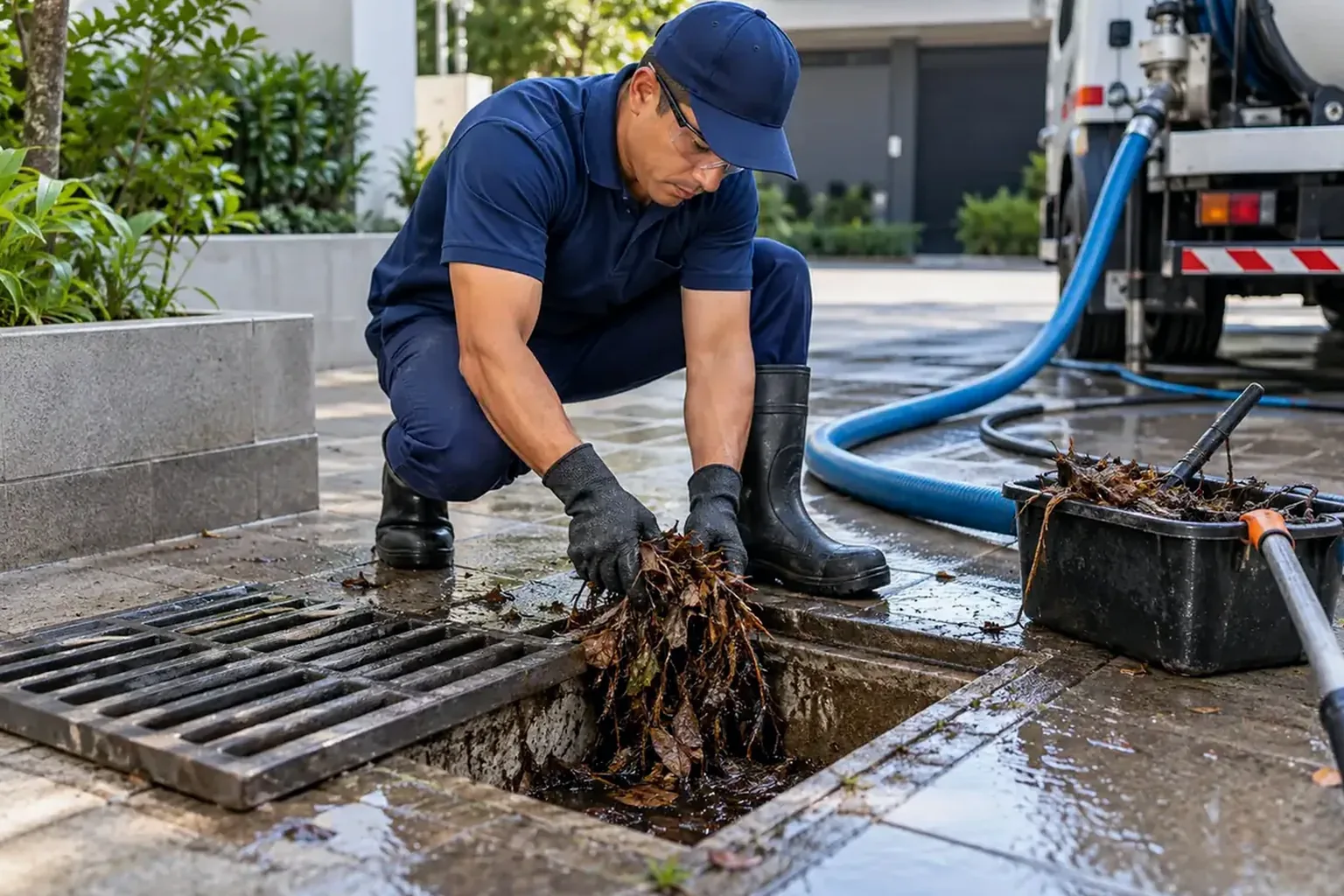 Técnico atuando no desentupimento de rede pluvial, com foco na ação.
