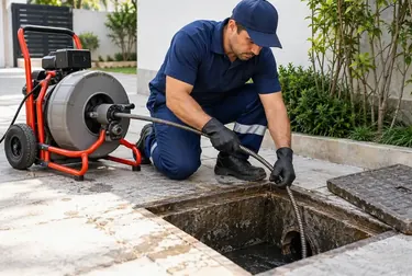 Técnico em ação desentupindo esgoto com o uso de ferramentas apropriadas.