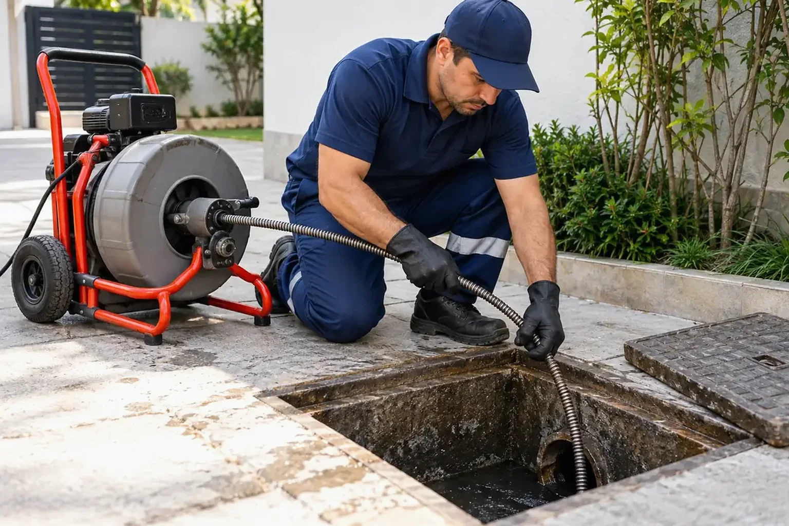 Técnico em ação desentupindo esgoto com o uso de ferramentas apropriadas.