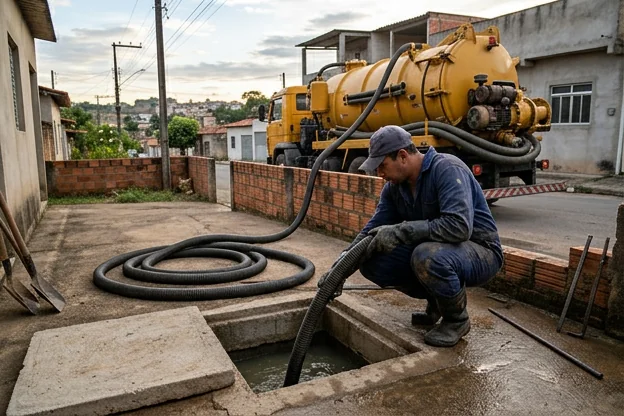 Técnico limpando fossa séptica profissionalmente, com ferramentas apropriadas.