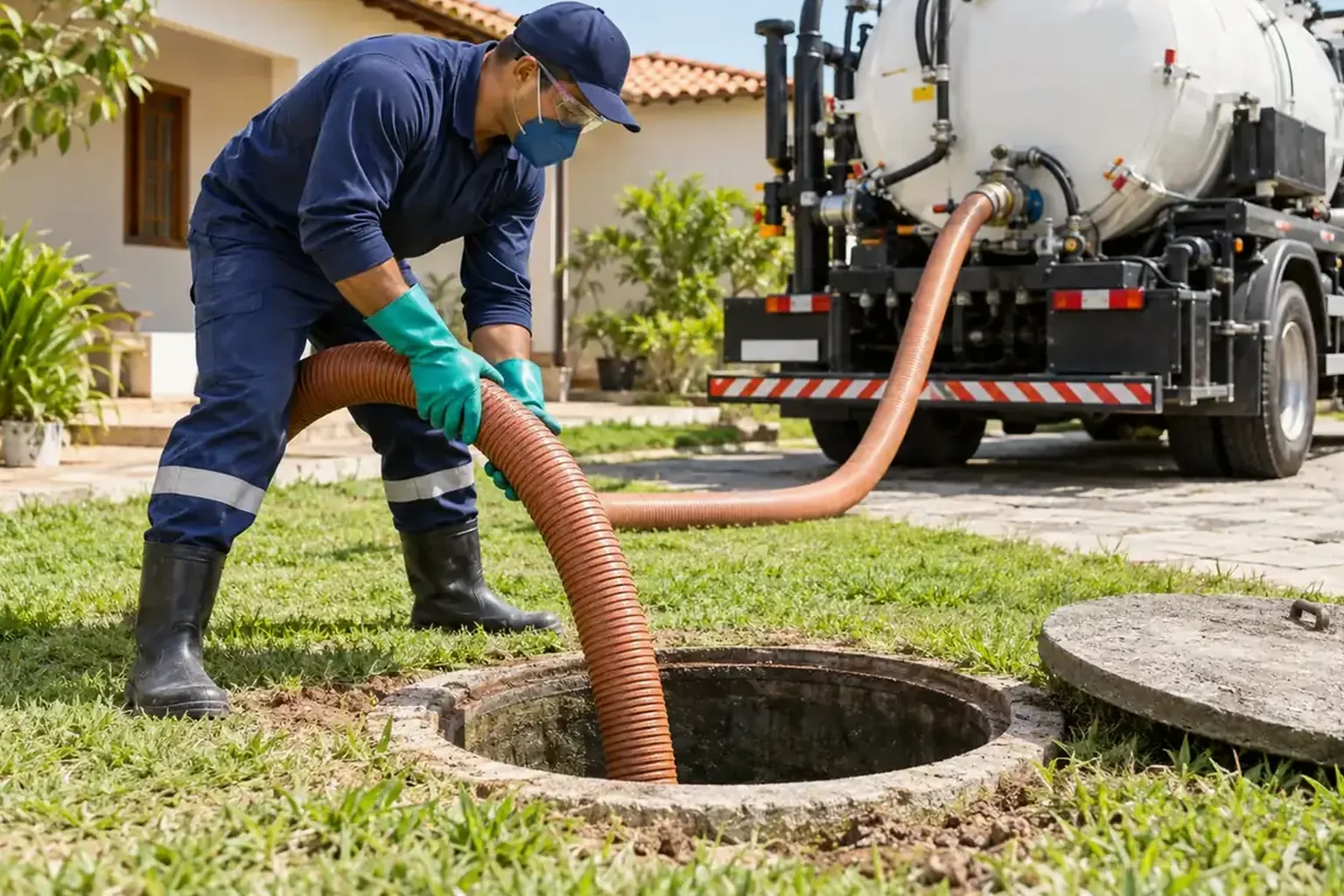 Técnico limpando fossa séptica, utilizando equipamentos de segurança.